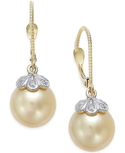 Macy's Cultured Golden South Sea Pearl (10mm) And Diamond Accent Earrings In 14k Gold