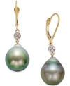 Macy's Cultured Tahitian Pearl (12mm) And Diamond Accent Drop Earrings In 14k Gold In Yellow Gold