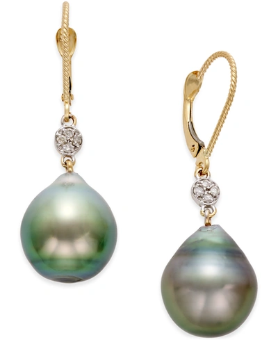 Macy's Cultured Tahitian Pearl (12mm) And Diamond Accent Drop Earrings In 14k Gold In Yellow Gold