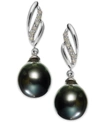 Macy's 14k White Gold Tahitian Pearl (9mm) And Diamond (1/10 Ct. T.w.) Drop Earrings