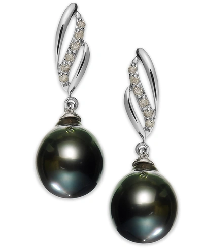 Macy's 14k White Gold Tahitian Pearl (9mm) And Diamond (1/10 Ct. T.w.) Drop Earrings In Black