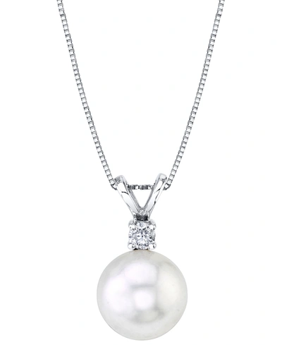 Macy's Cultured White South Sea Pearl (9mm) & Diamond (1/10 Ct. T.w.) 18" Pendant Necklace In 14k White Gol In White Gold