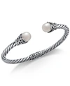 Macy's Cultured Freshwater Pearl (8mm) Filigree Bangle Bracelet In Sterling Silver In Silver