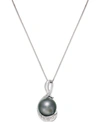 Macy's Cultured Tahitian Black Pearl (9mm) And Diamond (1/10 Ct. T.w.) Swirl Pendant Necklace In 14k White In No Color