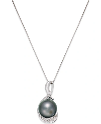 Macy's Cultured Tahitian Black Pearl (9mm) And Diamond (1/10 Ct. T.w.) Swirl Pendant Necklace In 14k White In No Color