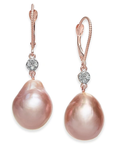 Macy's Cultured Pink Baroque Freshwater Pearl (12mm) & Diamond (1/20 Ct. T.w.) Drop Earrings In 14k Rose Go In Rose Gold
