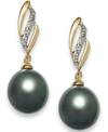 Macy's Tahitian Pearl (9 Mm) With Diamond (1/10 Ct. T.w.) Drop Earrings In 14k Gold