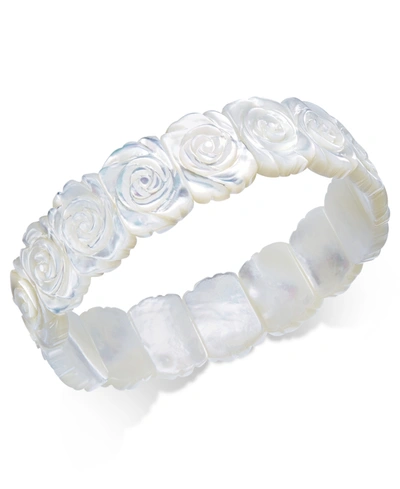 Macy's Mother-of-pearl Rose Carved Stretch Bracelet In Silver