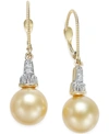 Macy's Cultured Golden South Sea Pearl (10mm) And Diamond (1/4 Ct. T.w.) Drop Earrings In 14k Gold