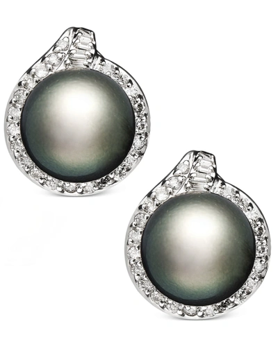 Macy's 14k White Gold Earrings, Cultured Tahitian Pearl (11mm) And Diamond (3/4 Ct. T.w.) Stud Earrings