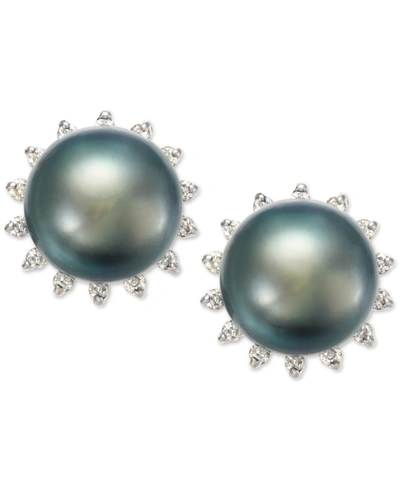 Macy's Tahitian Pearl (8 Mm) And Diamond (1/5 Ct. T.w.) Earrings In 14k White Gold
