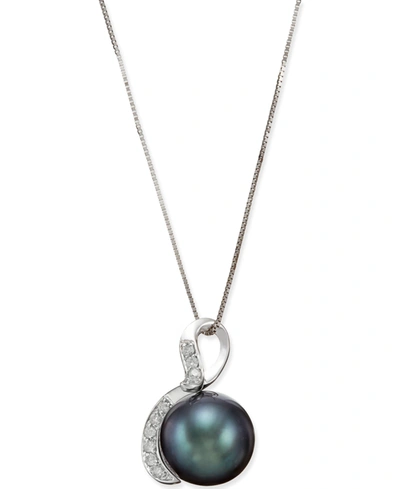 Macy's Tahitian Black Pearl (10mm) And Diamond (1/10 Ct. T.w.) Pendant Necklace In 14k White Gold