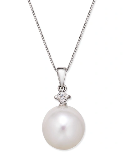 Macy's Cultured White South Sea Pearl (9mm) & Diamond (1/10 Ct. T.w.) 18" Pendant Necklace In 14k White Gol In White Gold