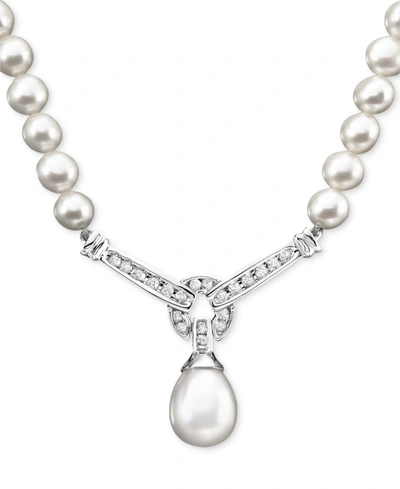 Macy's 14k White Gold Necklace, Cultured Freshwater Pearl And Diamond (1/3 Ct. T.w.) Necklace