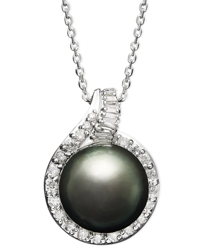 Macy's 14k White Gold Necklace, Cultured Tahitian Pearl (12mm) And Diamond (1/2 Ct. T.w.) Pendant