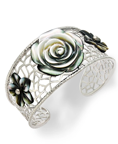 Macy's Cultured Tahitian Mother Of Pearl Flower Cuff Bracelet In Sterling Silver