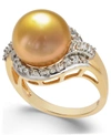 Macy's Cultured Golden South Sea Pearl (12mm) And Diamond (5/8 Ct. T.w.) Ring In 14k Gold In Yellow Gold
