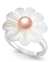 Macy's Pink Cultured Freshwater Button Pearl (6mm) & Mother-of-pearl Flower Statement Ring In Sterling Silv In Silver