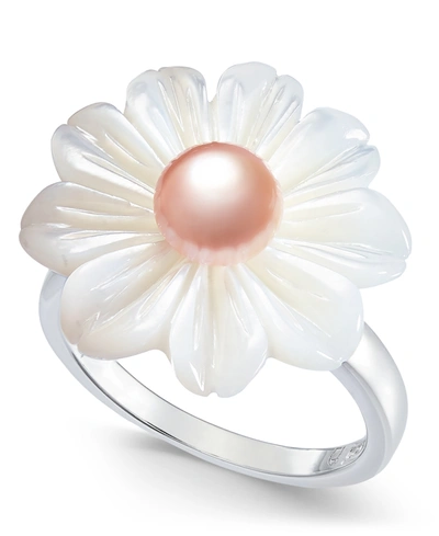 Macy's Pink Cultured Freshwater Button Pearl (6mm) & Mother-of-pearl Flower Statement Ring In Sterling Silv In Silver