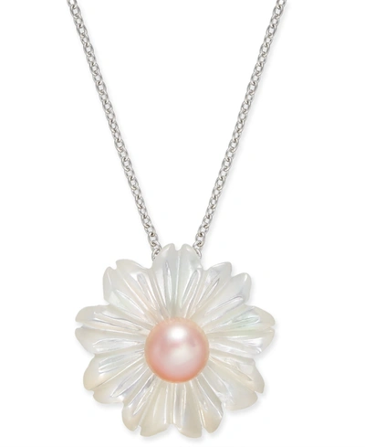 Macy's Pink Cultured Button Freshwater Pearl (6 Mm) & Mother-of-pearl (19-1/2 Mm) 18" Pendant Necklace In S In Silver