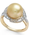 Macy's Cultured Golden South Sea Pearl (11mm) And Diamond Ring (1/2 Ct. T.w.) In 14k Gold In Yellow Gold