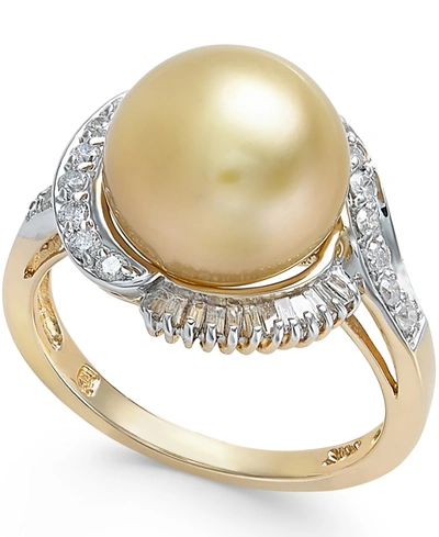 Macy's Cultured Golden South Sea Pearl (11mm) And Diamond Ring (1/2 Ct. T.w.) In 14k Gold In Yellow Gold