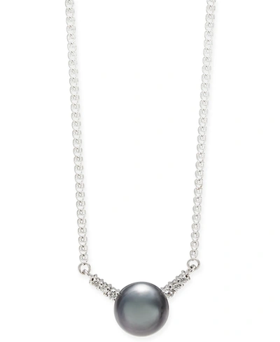 Macy's Cultured Tahitian Pearl (9mm) & Diamond (1/8 Ct. T.w.) 18" Pendant Necklace In 14k White Gold