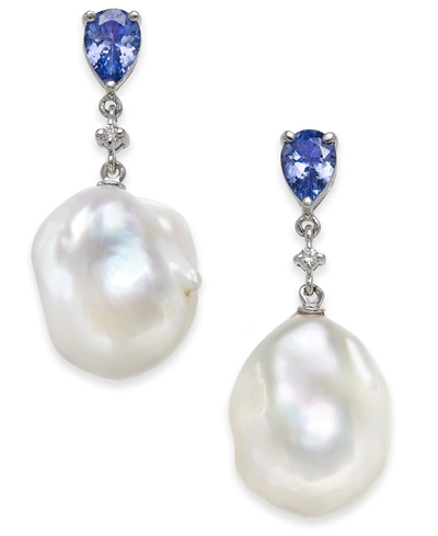 Macy's Tanzanite (1-3/8 Ct. T.w.), White Cultured Baroque Freshwater Pearl (13mm) & Diamond Accent Drop Ear In Gold