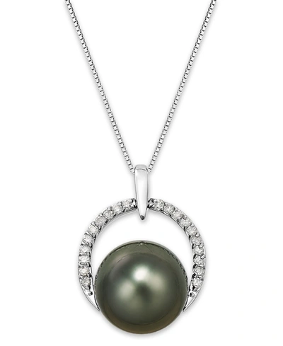 Macy's Tahitian Pearl (12 Mm) And Diamond (1/5 Ct. T.w.) Arch Pendant Necklace In 14k White Gold