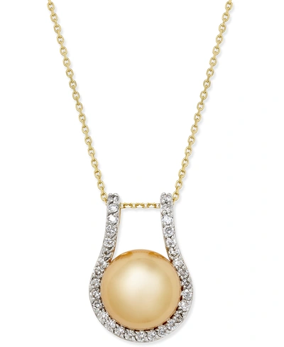 Macy's Cultured Golden South Sea Pearl (12mm) And Diamond (5/8 Ct. T.w.) Pendant Necklace In 14k Gold In Yellow Gold