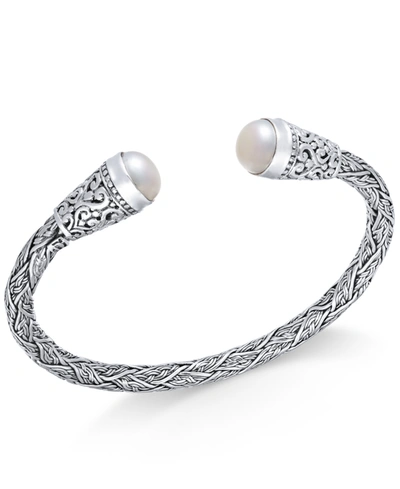 Macy's Cultured Freshwater Pearl (10mm) Filigree Cuff Bangle Bracelet In Sterling Silver