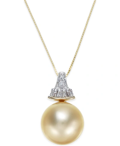 Macy's Cultured Golden South Sea Pearl (12mm) And Diamond (1/8 Ct. T.w.) Pendant Necklace In 14k Gold In Yellow Gold