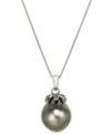 Macy's Tahitian Pearl (12mm) And Black Diamond Accent Pendant Necklace In 14k White Gold