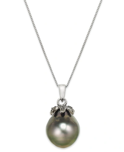 Macy's Tahitian Pearl (12mm) And Black Diamond Accent Pendant Necklace In 14k White Gold