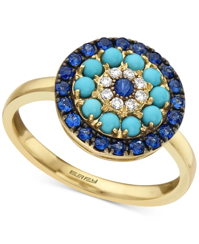 Effy Collection Effy Sapphire (1/2 Ct. T.w.), Turqouise & Diamond (1/20 Ct. T.w.) Statement Ring In 14k Gold In Yellow Gold