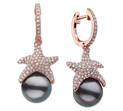Effy Collection Effy Cultured Black Tahitian Pearl (9-1/2mm) & Diamond (3/4 Ct. T.w.) Starfish Dangle Drop Earrings In Rose Gold