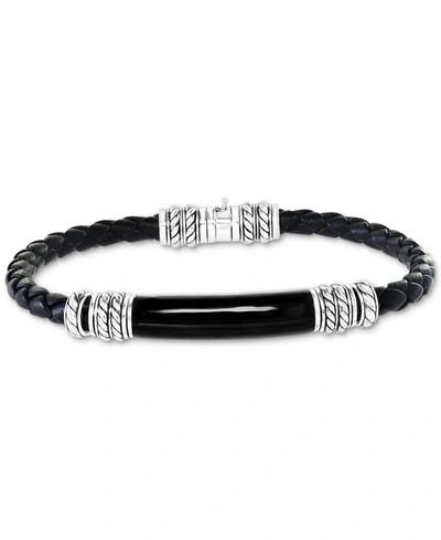 Effy Collection Effy Men's Onyx Black Leather Braided Bracelet In Sterling Silver