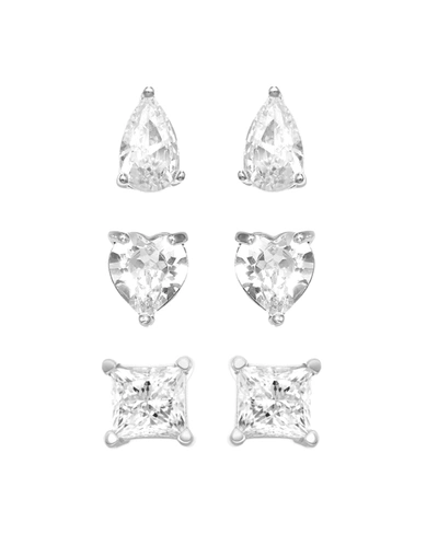 Essentials 3pc Set Cubic Zirconia Stud Earrings Silver Plated