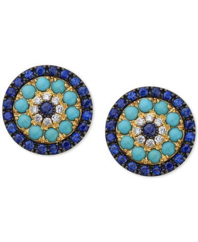 Effy Collection Effy Sapphire (1-1/2 Ct. T.w.), Turquoise & Diamond (1/10 Ct. T.w.) Stud Earrings In 14k Gold In Yellow Gol