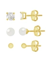 ESSENTIALS TRIO BALL STUD, ROUND CUBIC ZIRCONIA STUD AND GLASS PEARL STUD SET IN SILVER PLATE OR GOLD PLATE