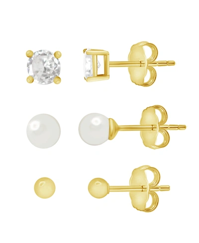 Essentials Trio Ball Stud, Round Cubic Zirconia Stud And Glass Pearl Stud Set In Silver Plate Or Gold Plate