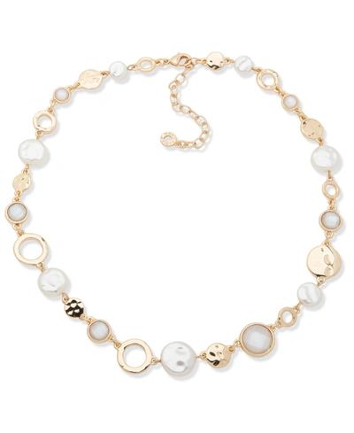 Anne Klein Gold-tone Imitation Pearl, Stone & Hammered Disc Statement Necklace, 16" + 3" Extender In White