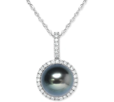 Macy's Cultured Tahitian Pearl (9mm) & Diamond (1/5 Ct. T.w.) 18" Pendant Necklace In 14k White Gold
