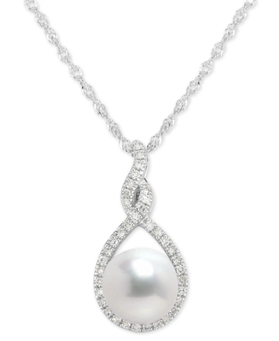 Macy's Cultured Freshwater Pearl (7mm) & Diamond (1/10 Ct. T.w.) Pendant Necklace In 14k White Gold, 16" +