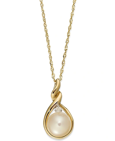 Macy's 14k Gold Necklace, Cultured Freshwater Pearl And Diamond Accent Twist Pendant