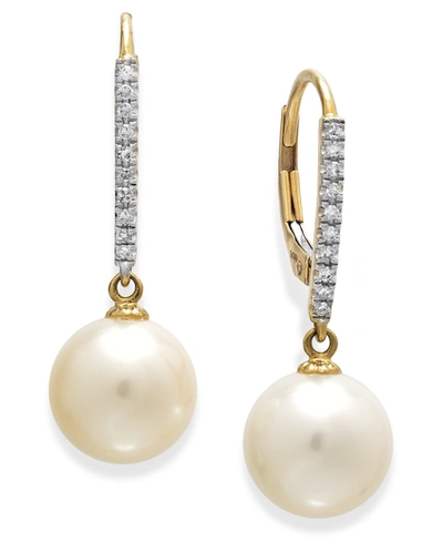 Macy's Cultured Freshwater Pearl (10mm) And Diamond (1/10 Ct.t.w) Leverback Earrings In 14k White Gold (als