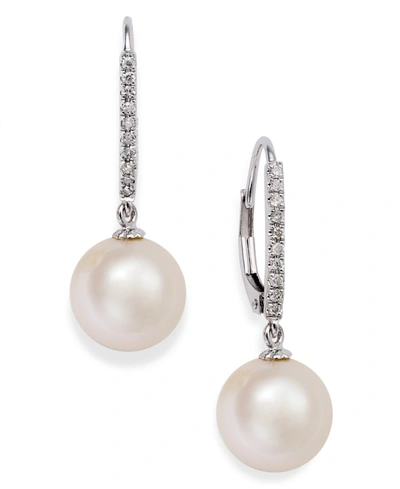 Macy's Cultured Freshwater Pearl (10mm) And Diamond (1/10 Ct.t.w) Leverback Earrings In 14k White Gold (als