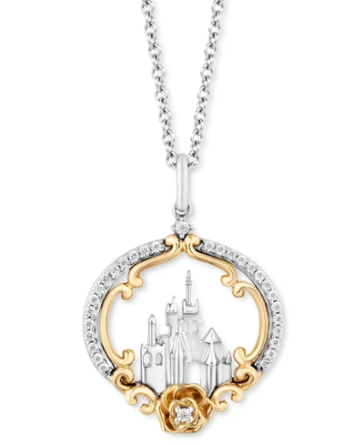 Enchanted Disney Fine Jewelry Diamond Belle Castle & Rose 18" Pendant Necklace (1/6 Ct. T.w.) In Sterling Silver & 14k Gold In Sterling Silver  Yellow Gold Plating