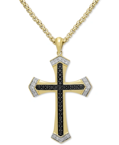 Macy's Men's Black & White Diamond Cross 22" Pendant Necklace (1/2 Ct. T.w.) In 18k Gold-plated Sterling Si In Silver