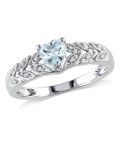 Macy's Aquamarine (1/3 Ct. T.w.) And Diamond Accent (1/20 Ct. T.w.) Sterling Silver, Vintage Like Heart Rin